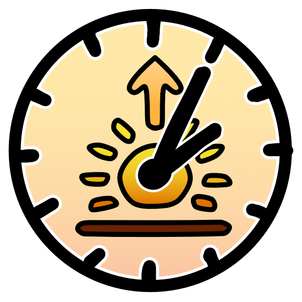 an image representing a sunrise sits on the face of a clock. The background of the clock is gradient orange to yellow. The hands roughly read 2:05. 